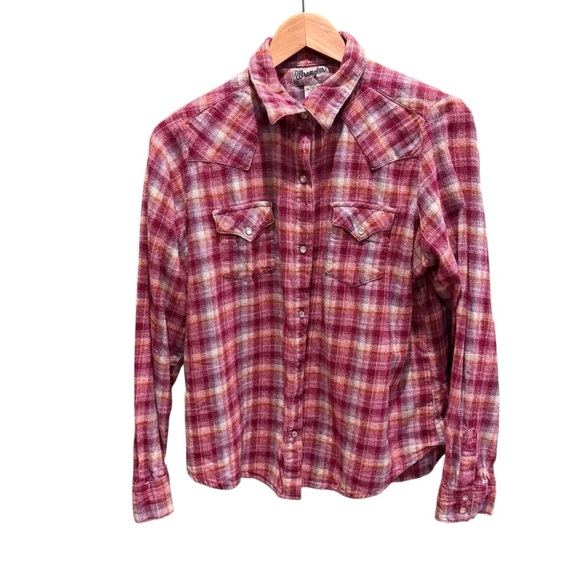 Wrangler Tops - Wrangler Wrancher Shirt Pearl Snap Womens XL Maroon Plaid Long Sleeve Western